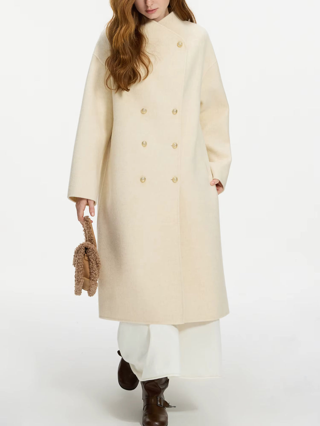 Wool 100% Double Breasted Stand Up Collar Double-sided Woolen Coat for Women's Autumn Winter 2025 New Woolen Coat