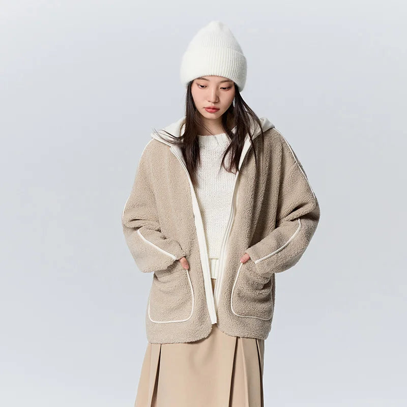 Semir Coat Women Hooded Splicing 2024 New Winter Retro Imitation Lamb Wool Loose Jacket