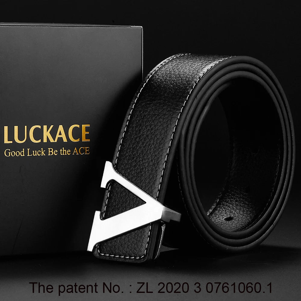 LUCKACE Design Belt For Men Fashion Women Luxury Letter Smooth Buckle Belts Alloy V Buckle Belts Leather Belts Gifts Waist