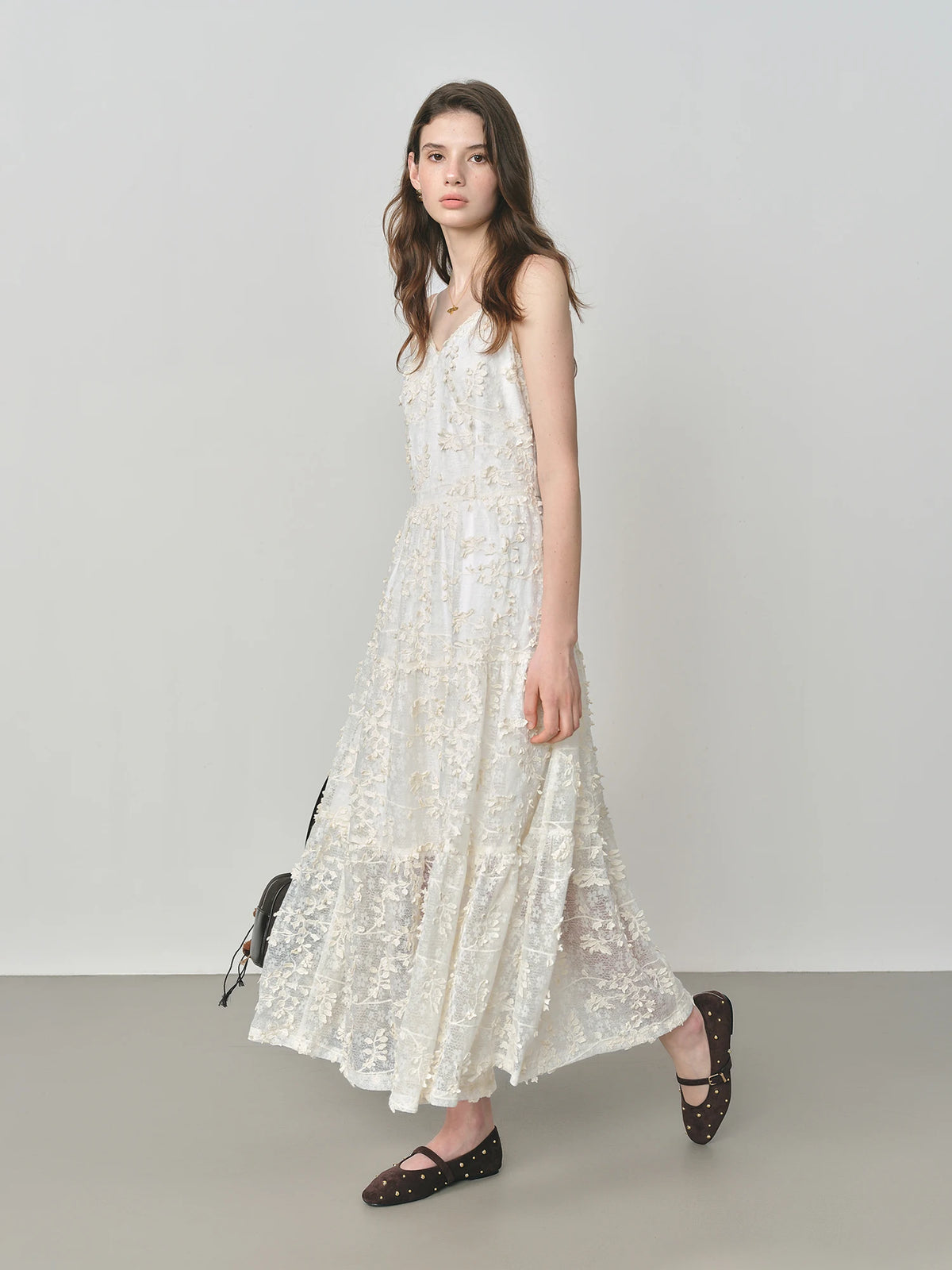 FSLE French Heavy Embroidery 3D Floral Layered Strap Dress 2025 Autumn New Arrival Woman Clothing Dresses