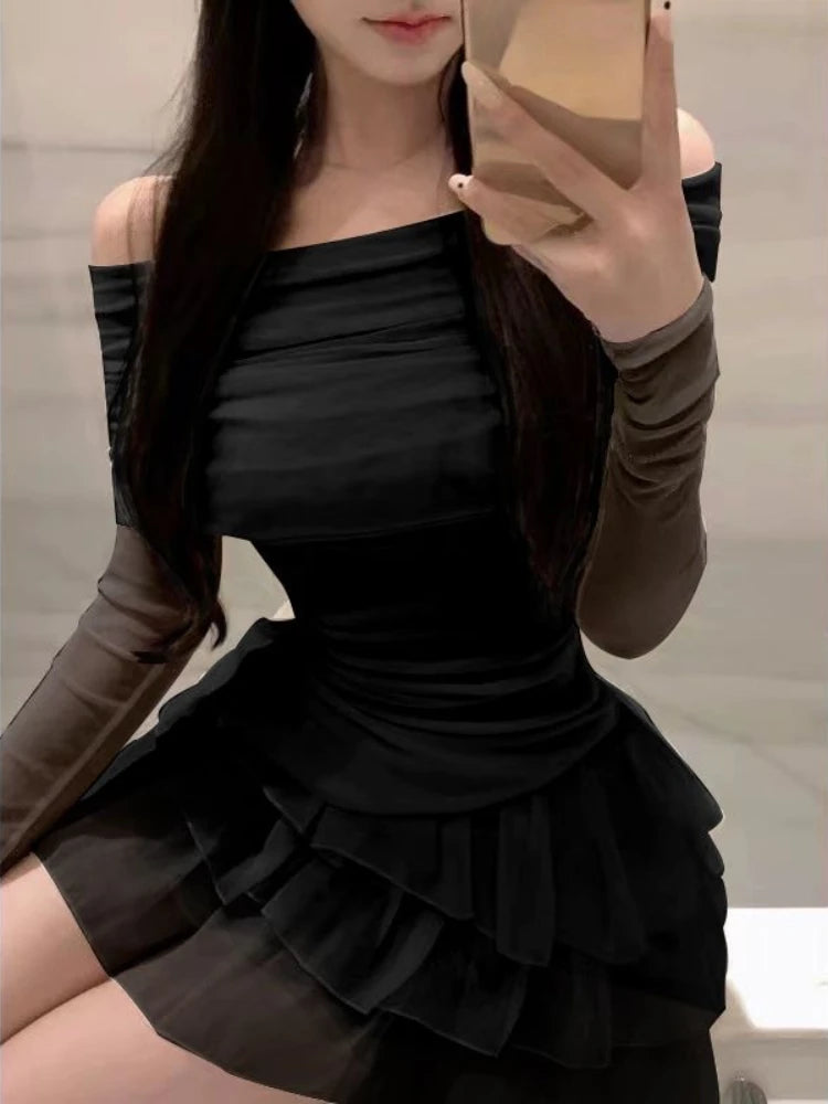 Two Pieces Skirt Set Women Y2k Crop Tops T-shirt + Cake Skirts Japanese Kawaii Fashion Suits Chic Outwear Korean