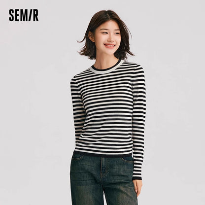 Semir Knitted Sweater Women Contrast ColorInner Wear Simple Winter 2024 New Wool-Containing Slim Fit Pullover Sweater