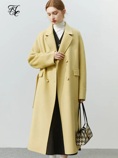 FSLE Korean Style 100% Woolen Coat Women Autumn Winter 2022 New Solid Office Lady Elegant Double-sided Mid-length Coat Female