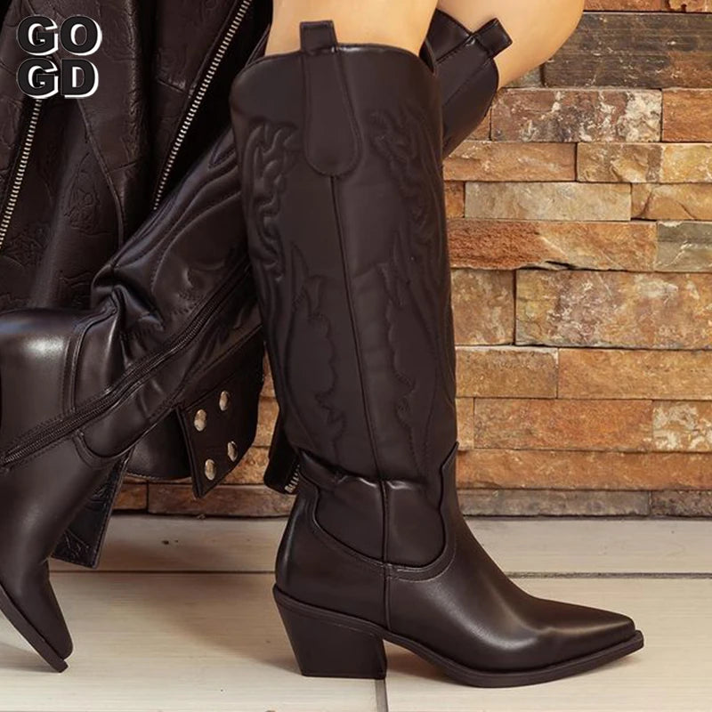 GOGD Retro Autumn Winter White Knee High Boots Big Size 41 Women Comfy Walking Female Western Cowboy Boot For Dropshipping Shoes