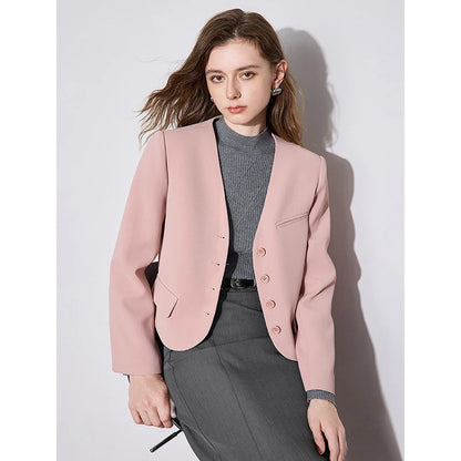 TOYOUTH Women Blazer 2024 Autumn Winter New Elegant V-neck Single Breasted Button Short Style Cardigan Jacket