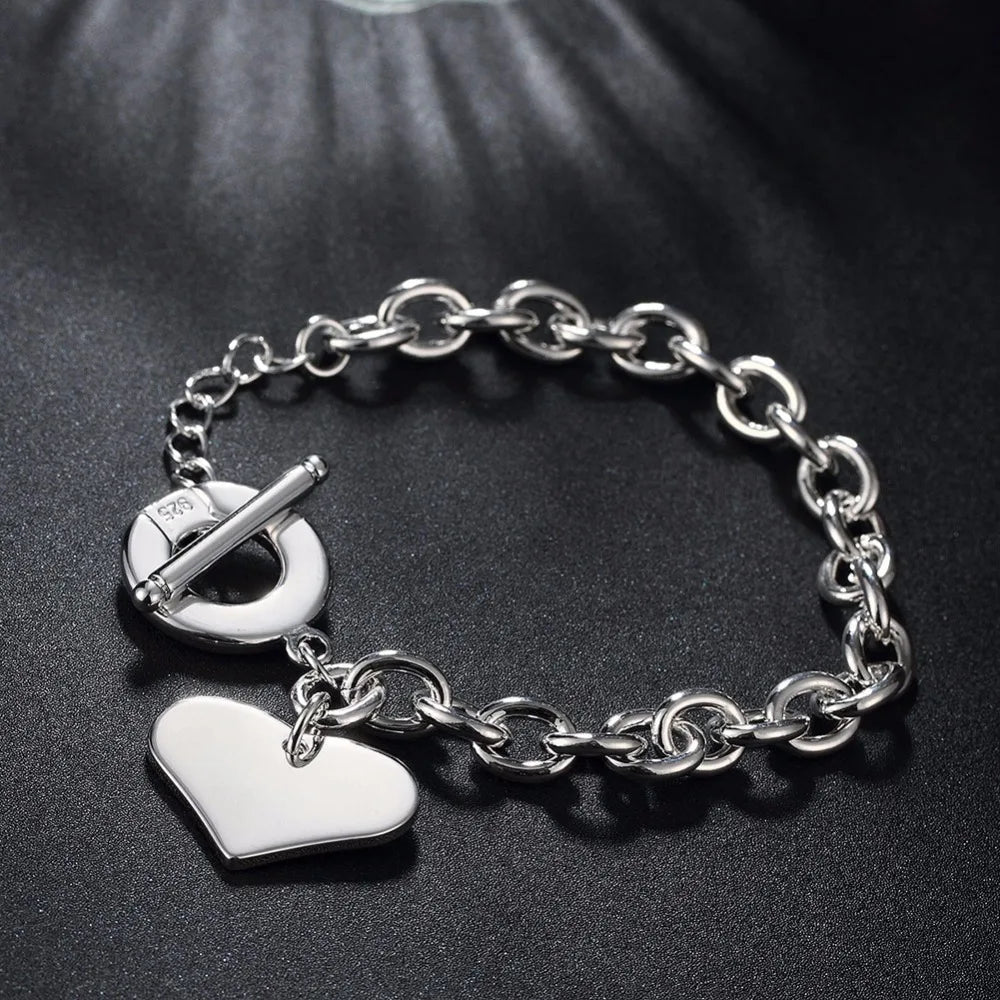 Hot Sale 925 Sterling Silver Lucky Bracelets Cuff Fashion Love Heart Chain Bangle Women Ladies Girls Jewelry Gift Christmas