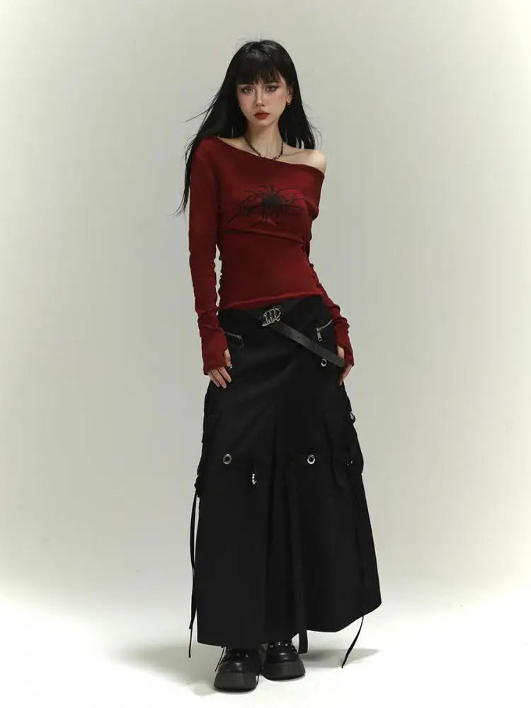Tawaaiw Gothic Burgundy Print T Shirt Women Long Sleeve Off Shoulder Slim Vintage Grunge Aesthetic Tee Shirt Femme Y2k Tops Chic