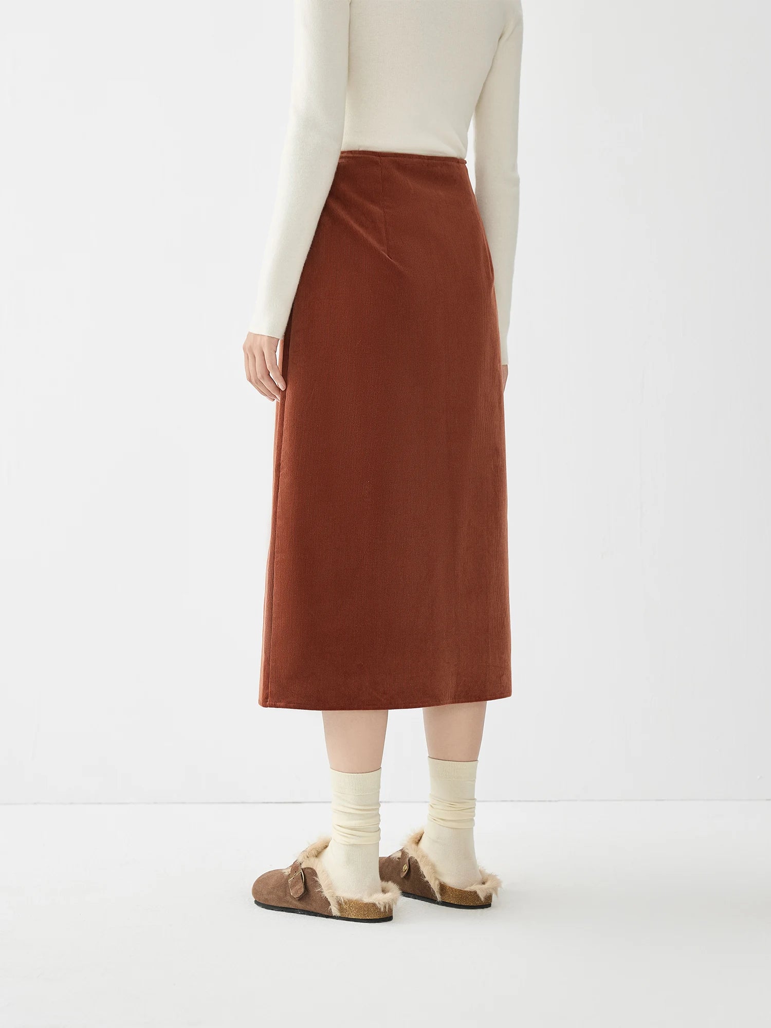 FSLE Women Corduroy Long Skirts Zipper Waist Asymmetric Design Winter Beige Female A-LINE Skirt With Lining 24FS14672