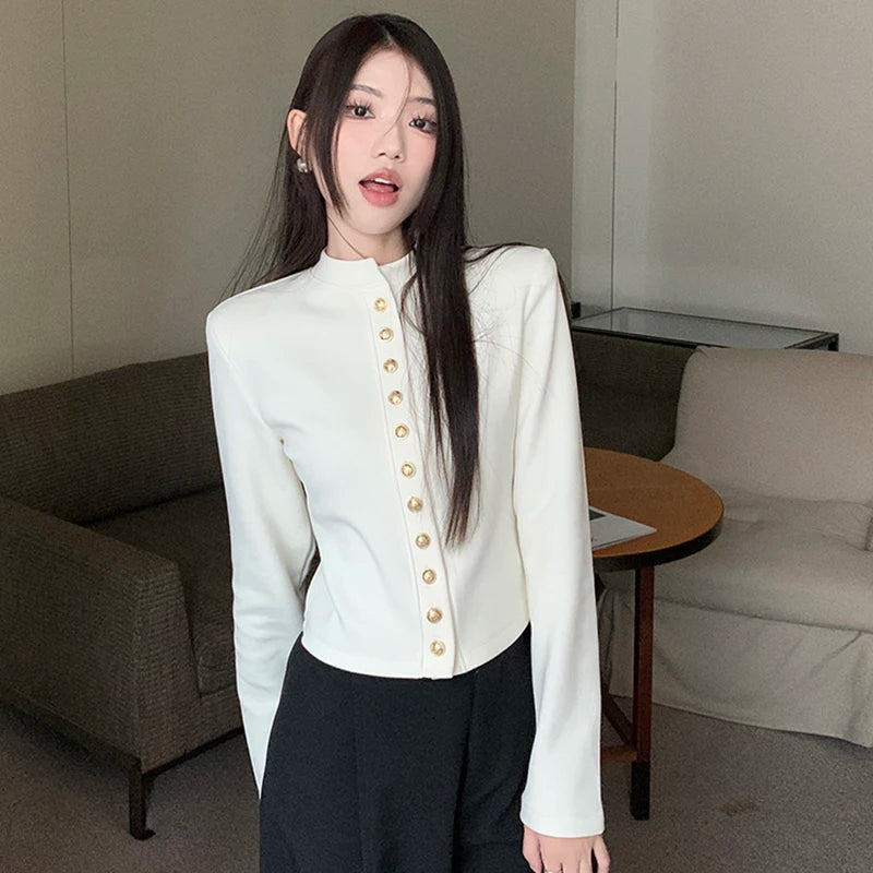 White Sweet Women Crop Cardigan Korean Knitted Slim Long Sleeve Female Casual Tops Autumn New Fashion All Match Ladies Top