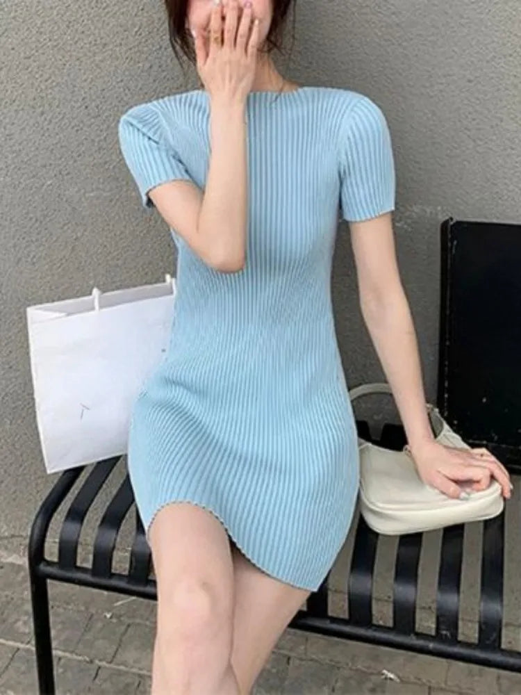 Korean Sweet Woman Dress 2024 Vestidos De Mujer Short Sleeve O-neck Tunic Solid Robe Femme Fashion Knitted Bodycon Mini Dresses