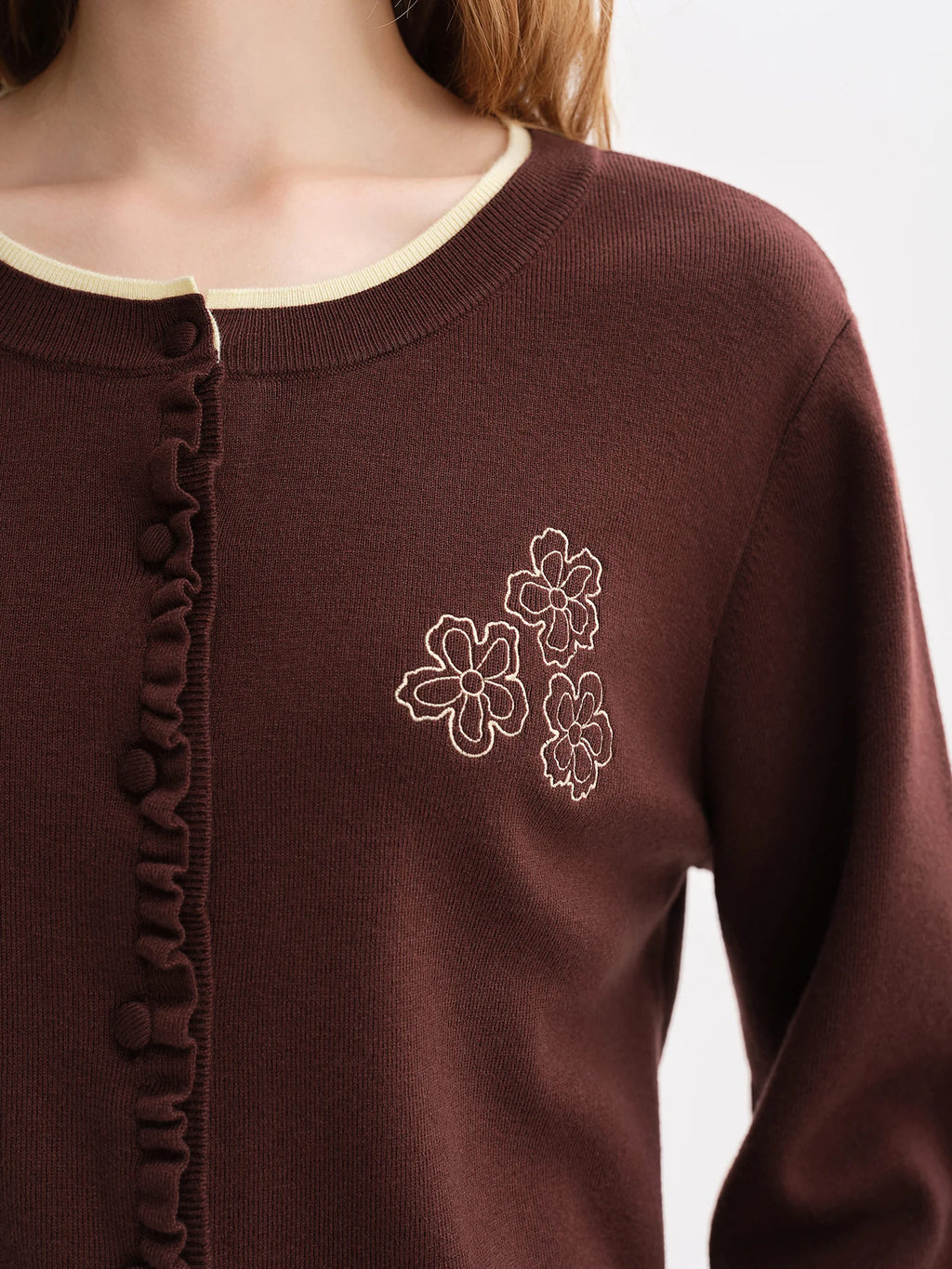 DUSHU Autumn 2025 Women's Floral Embroidered Knit Cardigan - Ruffle Trim Loose Fit Lightweight Layering Casual Blouse Top