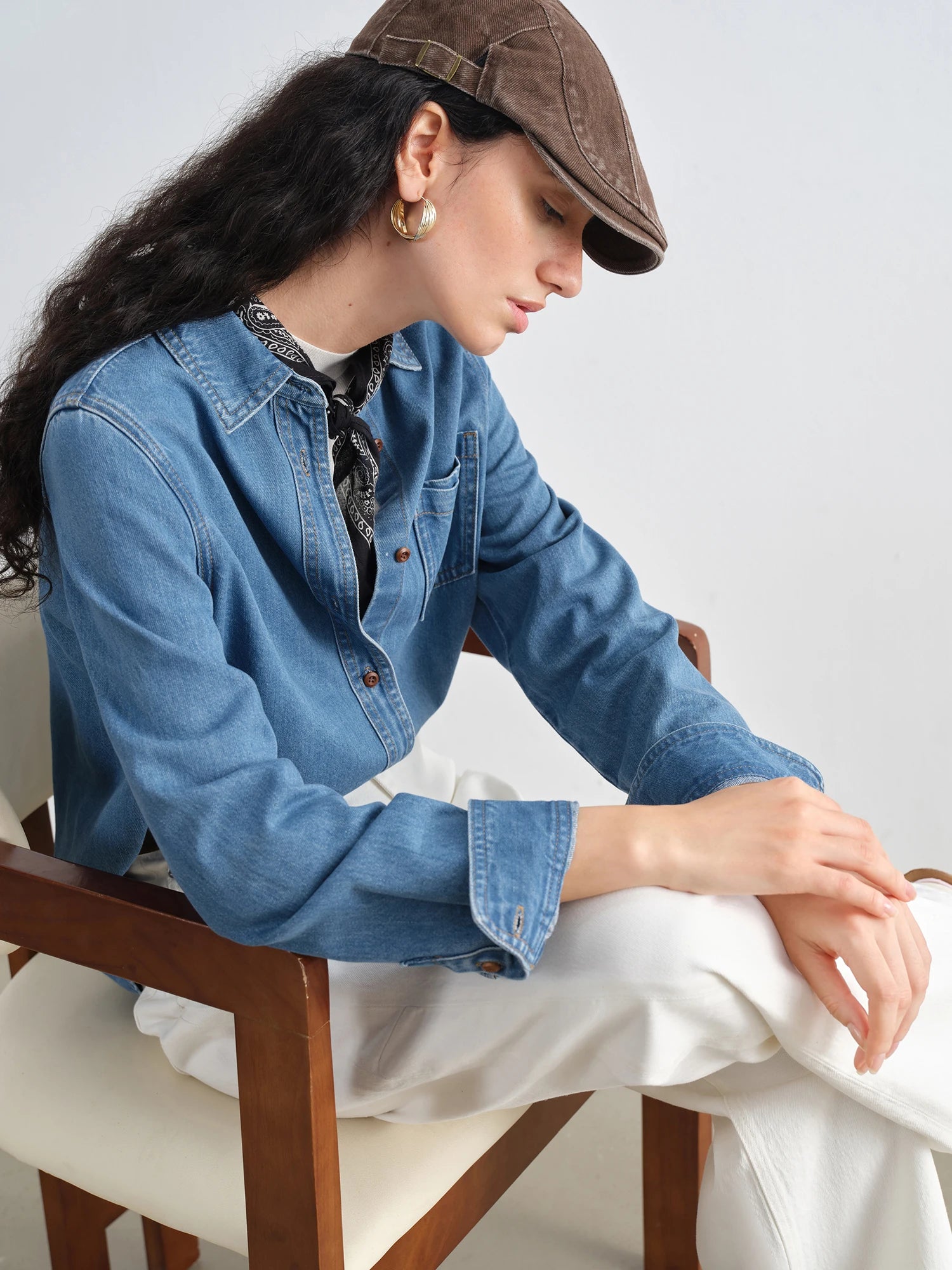 ZIQIAO Petite Size Denim Blue Straight Shoulder Long Sleeve Shirt For Female 2025 Autumn New Arrival Retro Casual Top