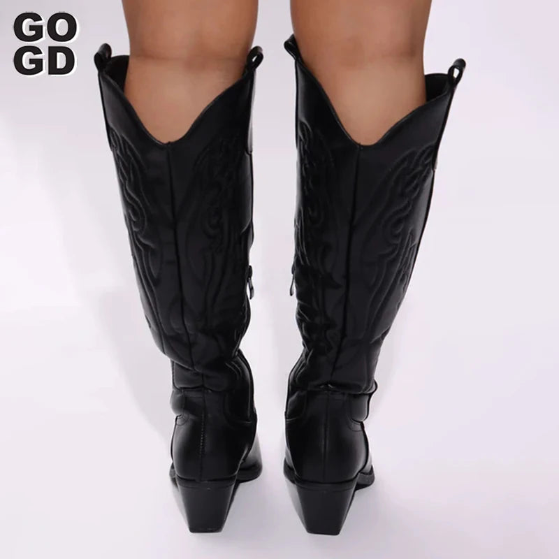 GOGD Retro Autumn Winter White Knee High Boots Big Size 41 Women Comfy Walking Female Western Cowboy Boot For Dropshipping Shoes