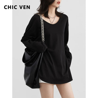 CHIC VEN Women T-Shirts Loose Casual U-Neck Long Sleeve Female Tees Split Bottom Woman Top Ladies Clothing Autumn Spring 2023