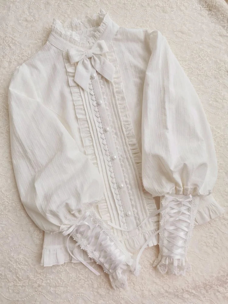 QWEEK Lace White Shirt Women Lolita Style Gigot Sleeve Beautiful Blouses Japanese Long Sleeve Ruffle Pleated Tops Kawaii Clothes