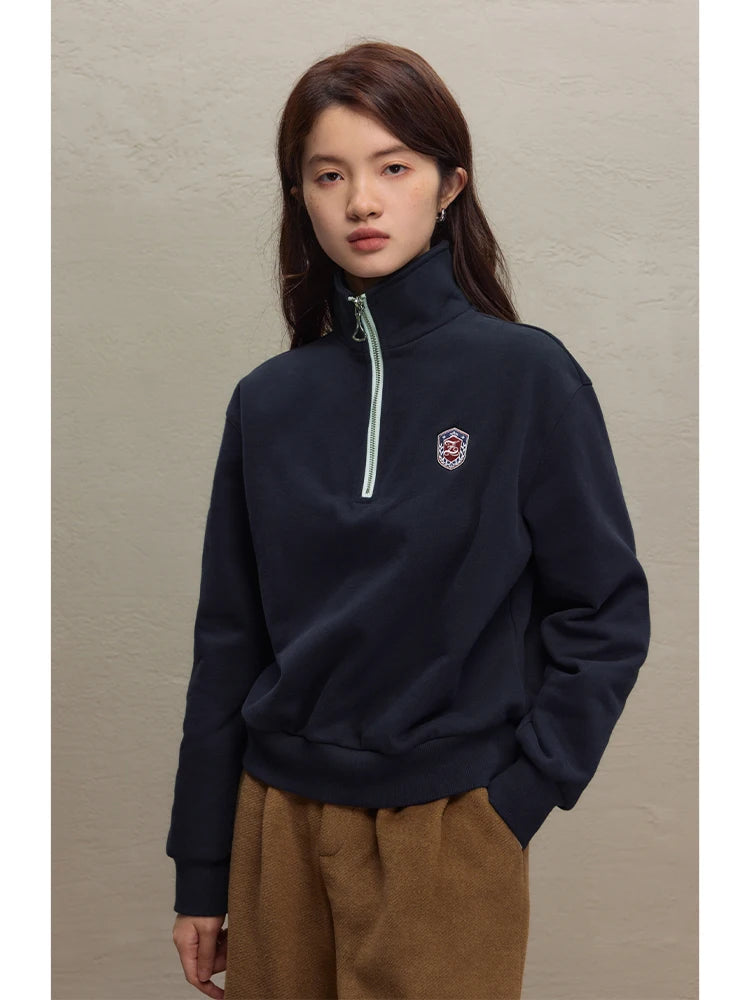 ZIQIAO Retro American Academy Style Sweater Women's 2023 Autumn Winter New Half Pull Chain Polo Neck Tops For Women Causal