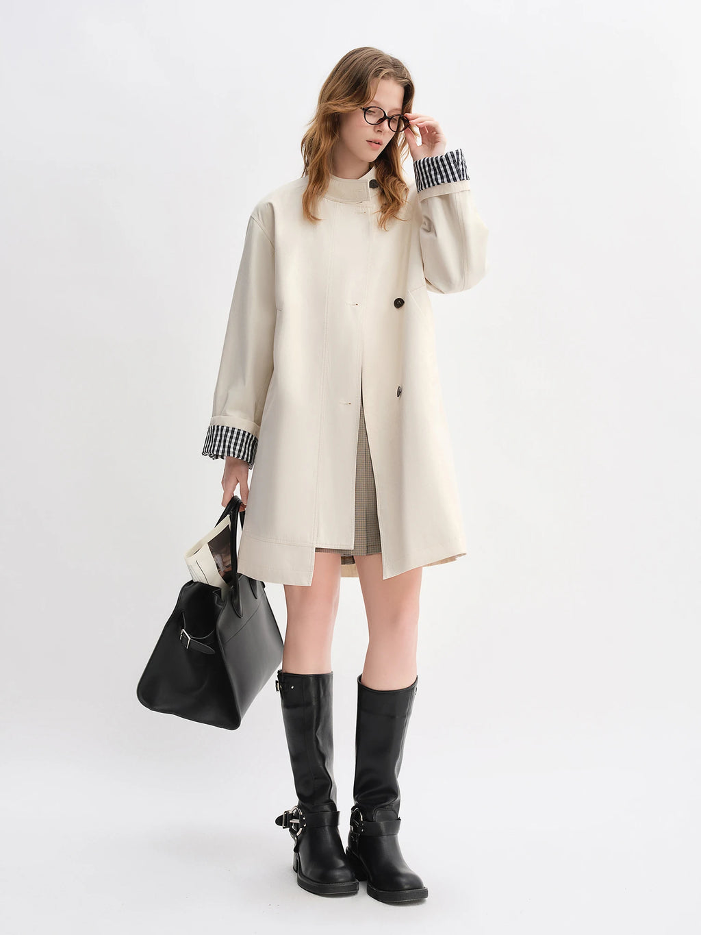 DUSHU Autumn 2025 Women's Stand Collar Trench Coat - Relaxed Fit Plaid Patchwork Loose Outerwear Casual Windbreaker Top