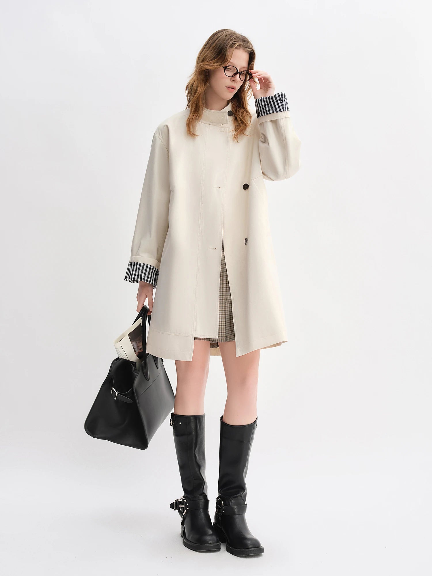 DUSHU Autumn 2025 Women's Stand Collar Trench Coat - Relaxed Fit Plaid Patchwork Loose Outerwear Casual Windbreaker Top