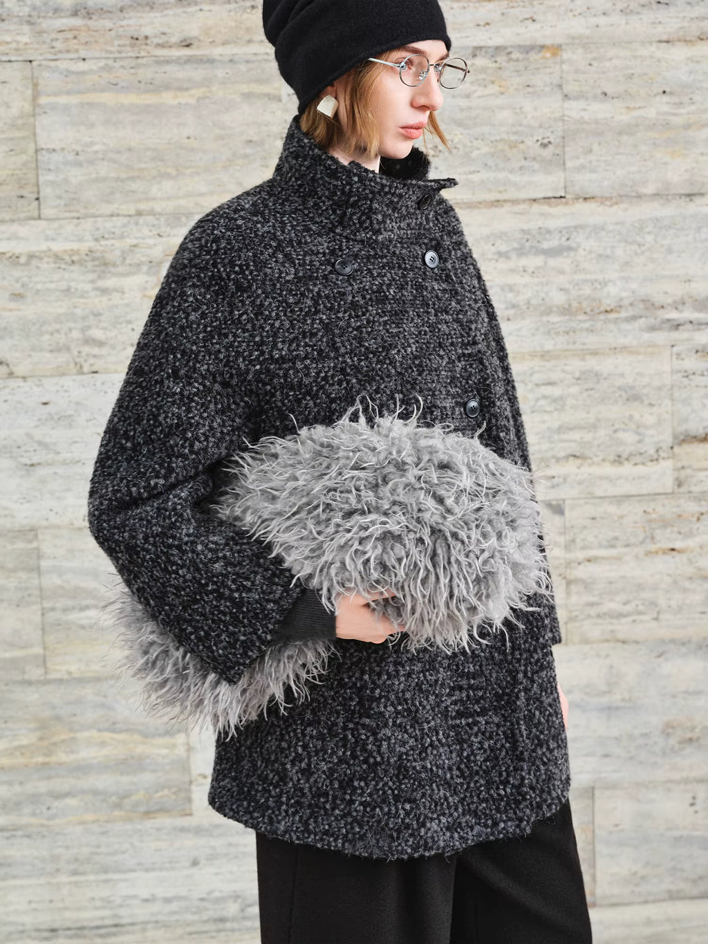 【Premium Series】 Women's Tweed Pattern Turtleneck Wool Blend Overcoat - Elegant Winter Long Coat for Business Casual