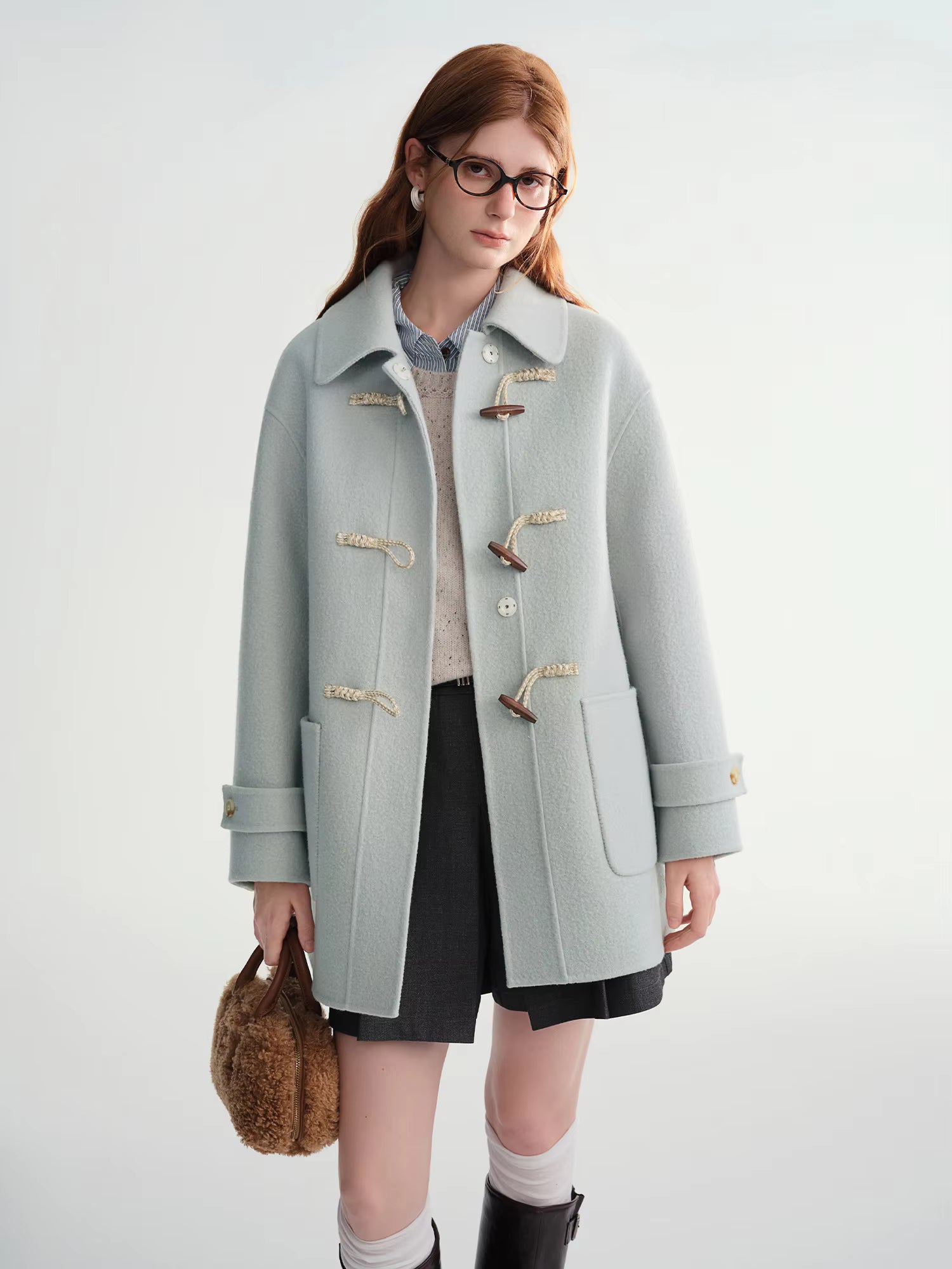 Winter 2025 Women's Horn Button Wool Blend Coat - Korean Style Double Faced Midi Length Stand Collar Casual Elegance