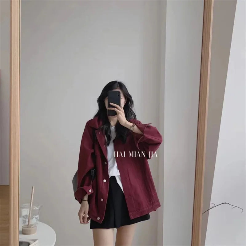 Wine red Denim Jacket Female 2022 Autumn Winter Small Korean Version Fashion Loose Simple Casual Jacket Trendy Ins Top Commute W
