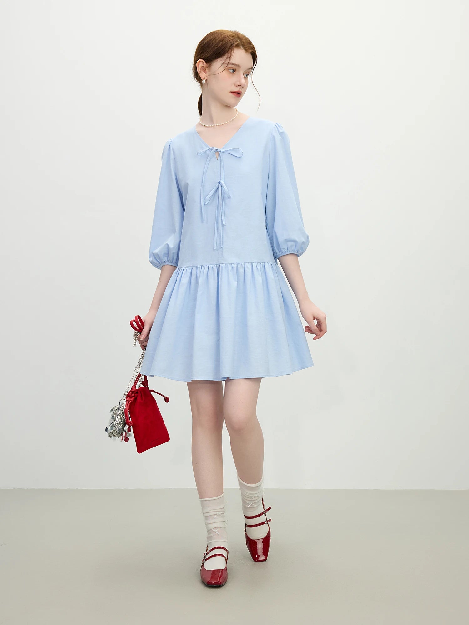 FSLE Office Lady French V-Neck Bow A-Line Dress 2025 Summer High-Waisted Linen Blend Casual To Chic Boho