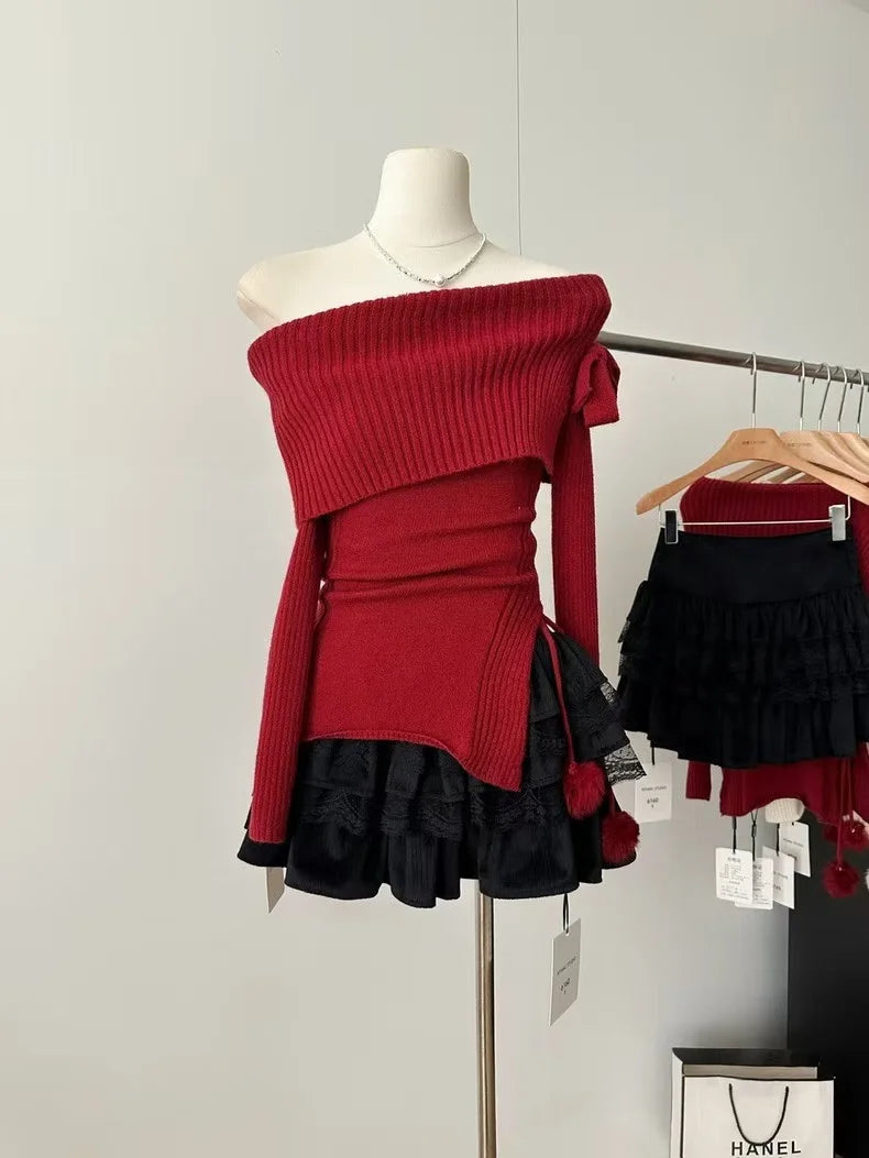 Autumn Winter Woman Vintage French Slah Neck Jumper Mori Girl Sweater Fairycore Long Sleeve Solid Color Knitwears Gyaru Designer