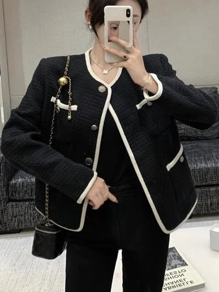 O-neck Tweed Single Breasted Woolen Jackets Korean Fashion Women Chic Wool Blend Tops Abrigos Spring Fall Elegant Casual Coats