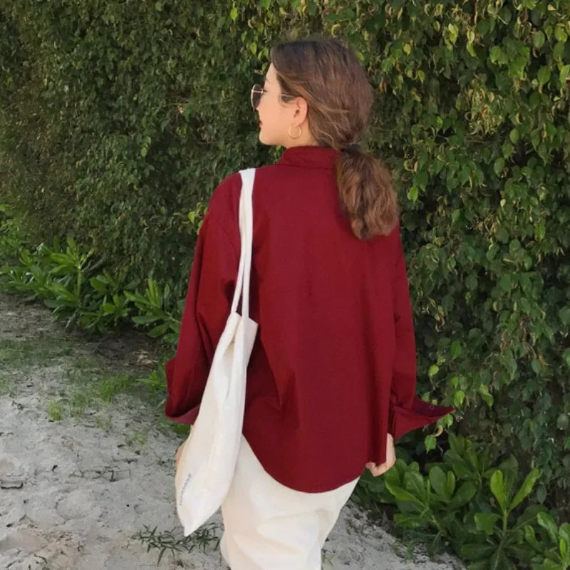 Burgundy Shirts Women Vintage Single Breasted Long Sleeve Baggy Preppy Style Fashion Simple Beach Holiday Korean Retro Oversize