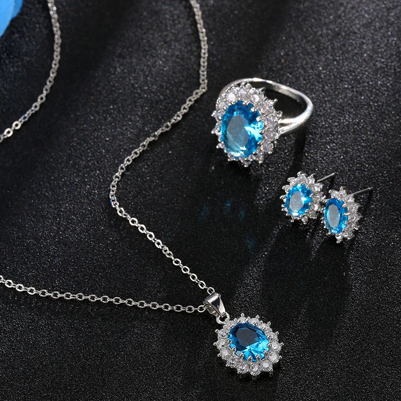 Fashion Blue Crystal Stone Wedding Jewelry Sets For Brides Silver Color Necklace Set For Women African Jewelry Sets & More