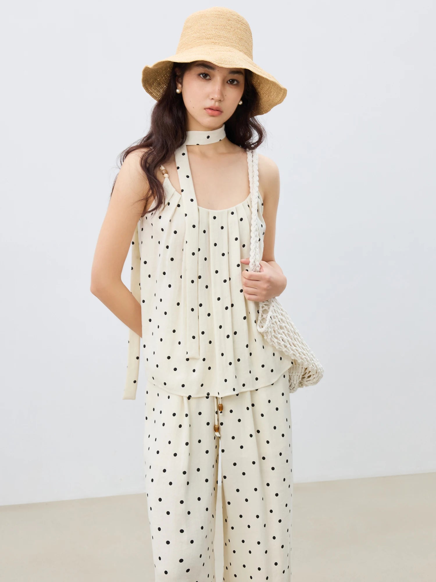 ZIQIAO Women 2025 Summer Vest+Pant Sets Holiday Style Polka Dot Camisole Tops Elastic Waist Casual Long Trousers