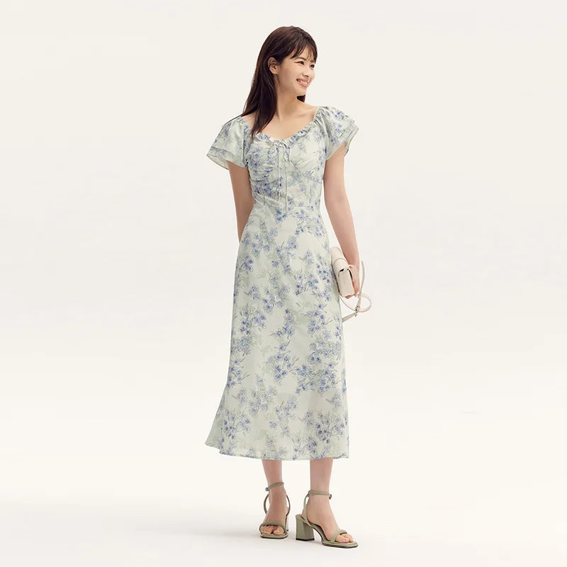 Semir Dress Women Square Neckline Ruffled Trim And Short Flutter Sleeve 2024 Summer New Fresh And Delicate Chiffon Floral Dress