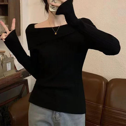 Women Slim Off Shoulder Knit Sweater Slash Neck Long Sleeve Knitwear Jumpers Office Sweater For Women 2023 Autumn Winter