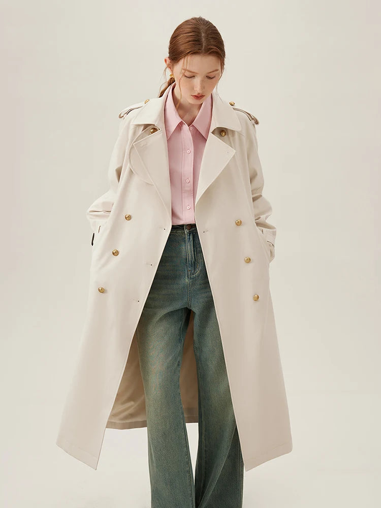 FSLE Turn-down Collar Double Breasted Office Lady Long Trench Coats Light Khaki Spring New Temperament Straight Jacket 24FS11092