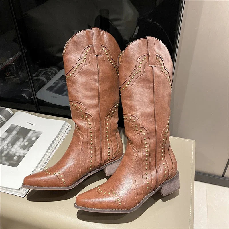 Studded Boots Women 2024 Low Heel Cowboy Chelsea Western Short Leather Knee High Luxury Designer Gothic New Rock Shoes Vintage