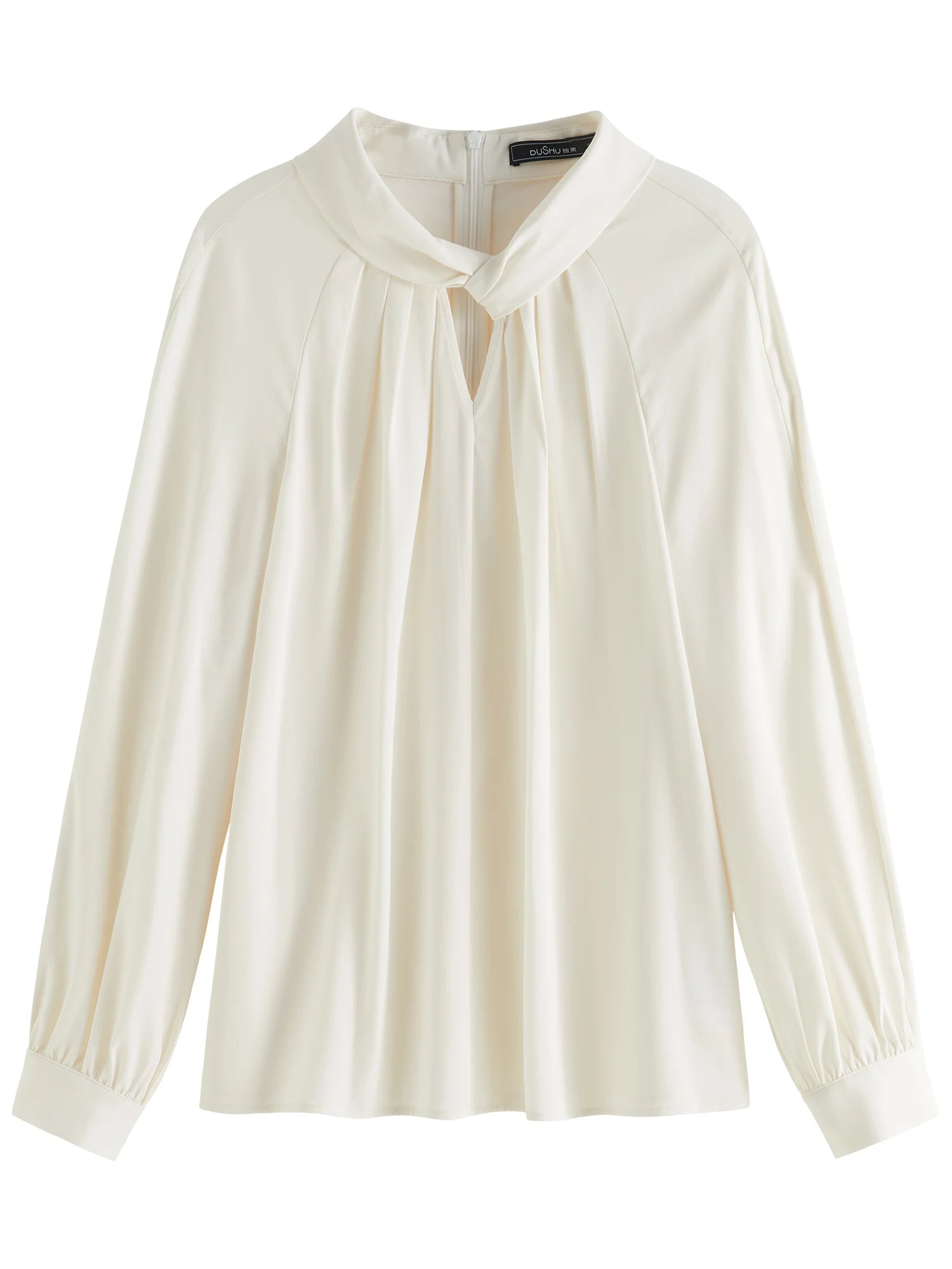 DUSHU Women Beige Blouse Tops Acetate Traped Long Sleeve Pullover Shirts Gentle Raglan Sleeve Winter Solid Shirt Top 24DH84064
