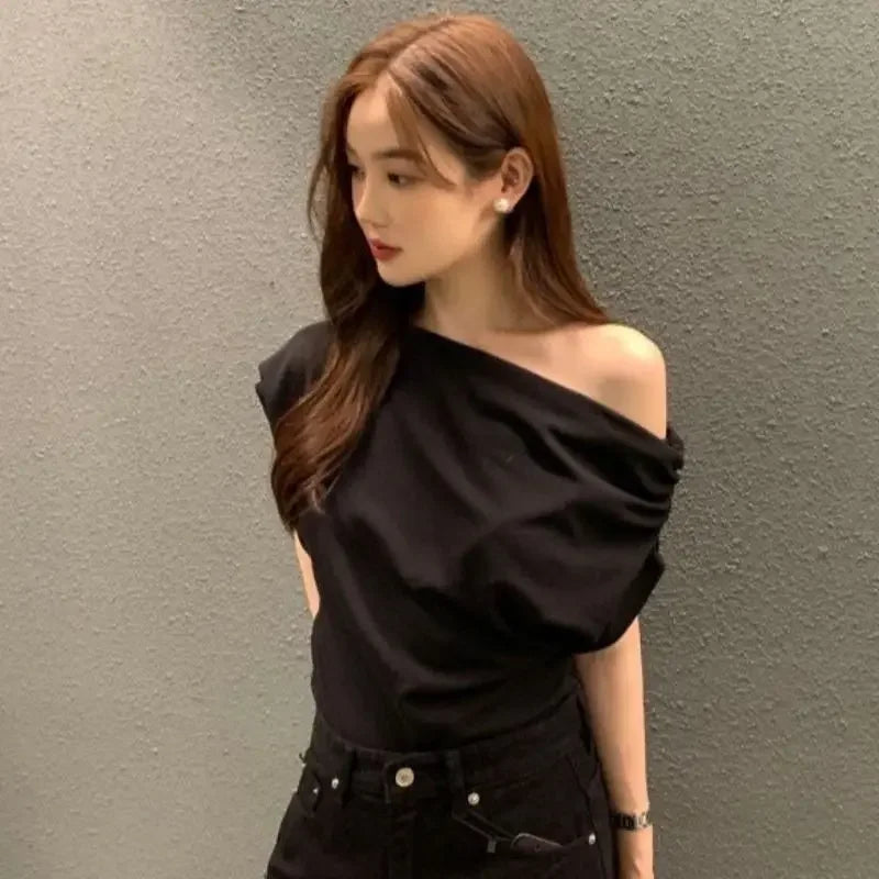 Diagonal Collar Off Shoulder Short Sleeve Top