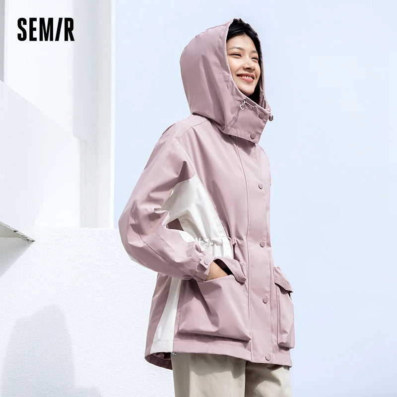 Semir Jacket Women Mid-Length Color Block Three-Proof Jacket 2024 New Autumn Cool Loose Hooded Top