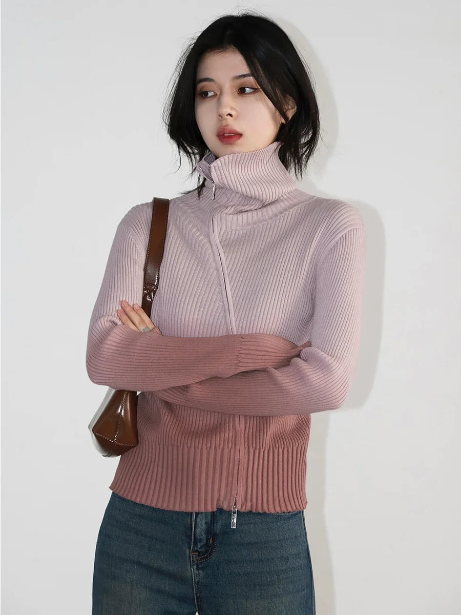 CHIC VEN Women Cardigan New Stand Up Cotton Gradient Zipper Woman Sweater Female Knitted Jumpers Spring Autumn 2024