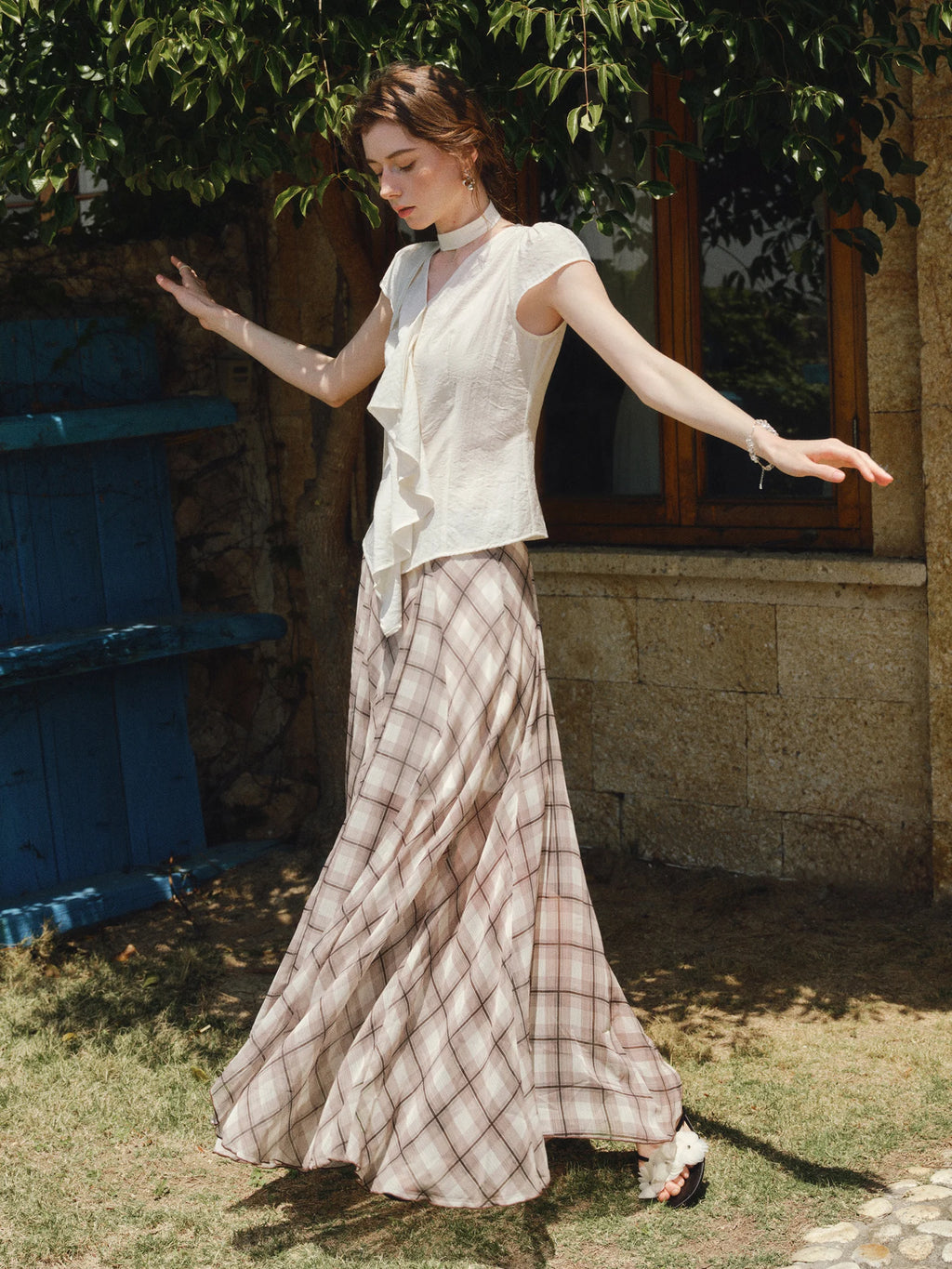 FSLE Women's Summer 2025 New Arrival Irregular A-line Hem Plaid Skirt Flowing Relaxed Fit Skirts