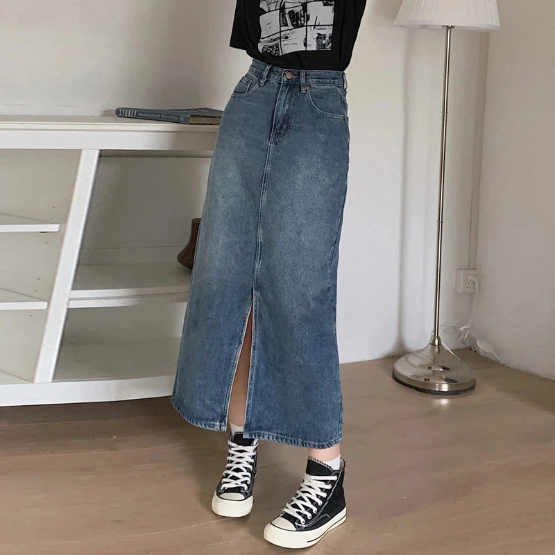 Women's Denim Wrap Skirts Retro High Waisted Split A-Line Denim Skirt Autumn Fashion Straight Skirt Female