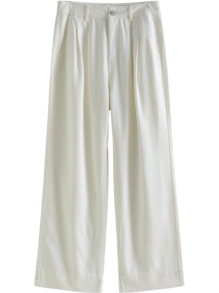 DUSHU Retro Loose Straight Jelly White Jeans for Women Spring New Casual Style High Waist All-match White Trousers Female