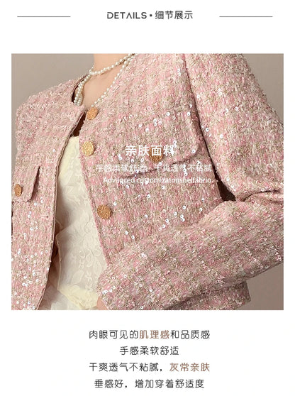 High Quality Autumn Tweed Jacket Women Sequined Long Sleeve O-Neck Short Coats Crop Top Korean Fashion Outerwear Streetwear