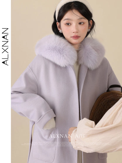 ALXNAN Light Purple Wool Coat Women 2024 Autumn Winter Warm Solid Sweet Straight Single Breasted Long Sleeve Overcoat LXN323112