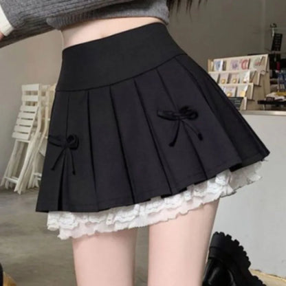 Preppy Style Skirts for Women Mini Pleated Bow Sweet Girls A-line Summer Fashion Clothing High Waist Ins Korean Lace Patchwork