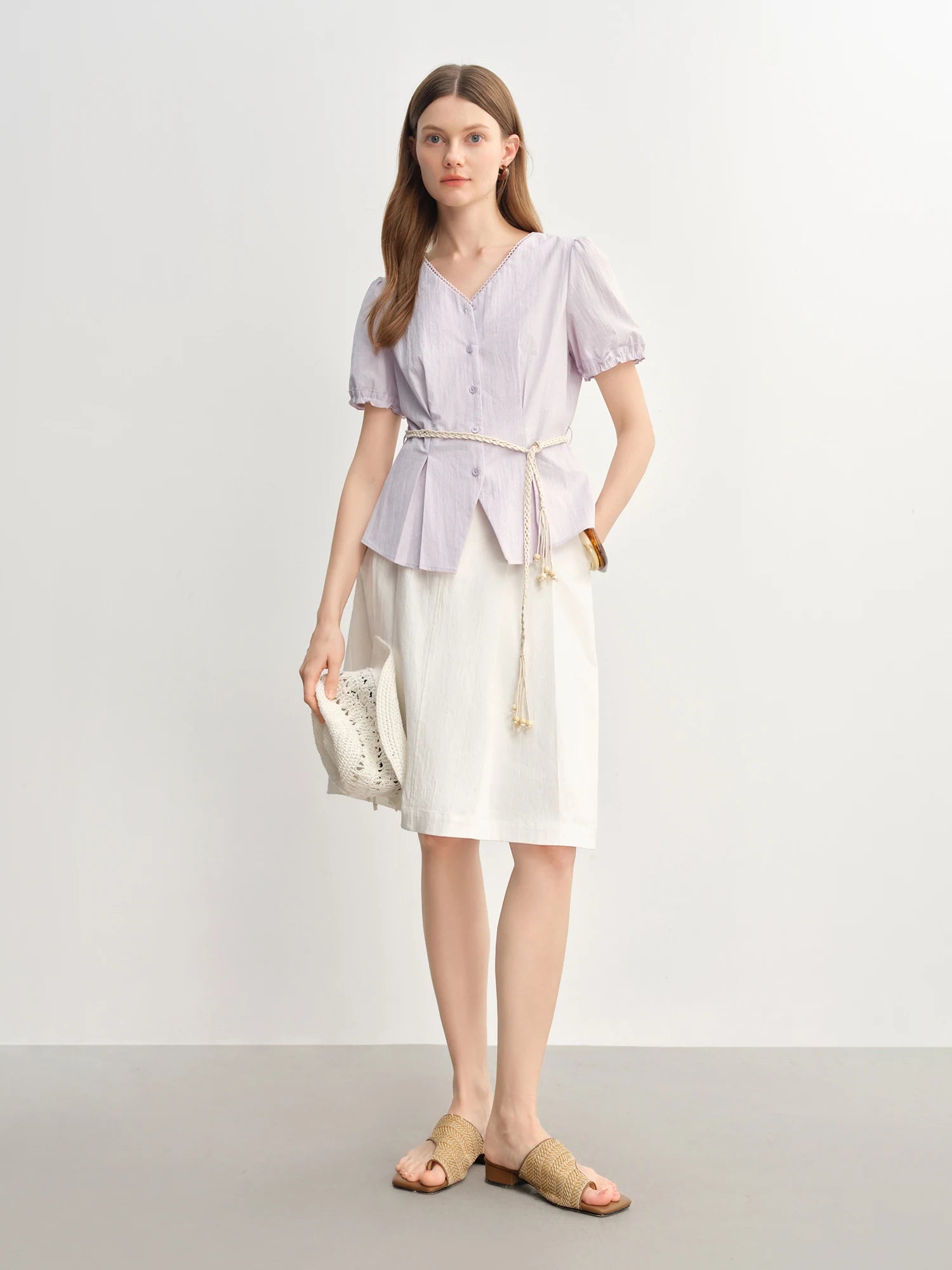 DUSHU Summer 2025 Women's V-Neck Blouse - Textured Pleats Accented Waist Relaxed Fit Resort Top