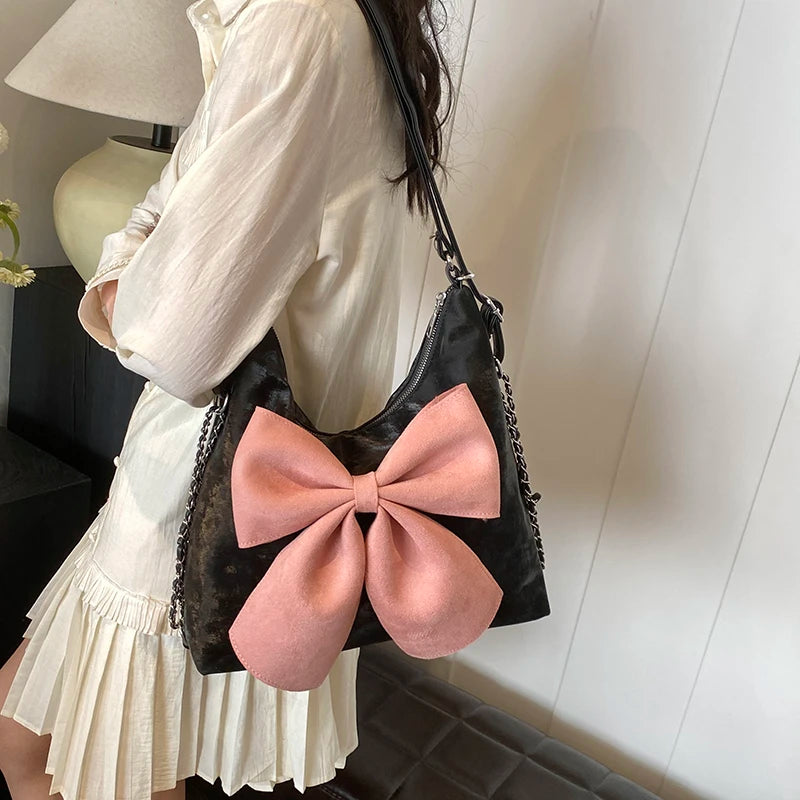 Zipper PU Large Capacity Women's Shoulder Bags 2024 Versatile Simplicity Bow Contrasting Color Crossbody Bags Bolso Mujer