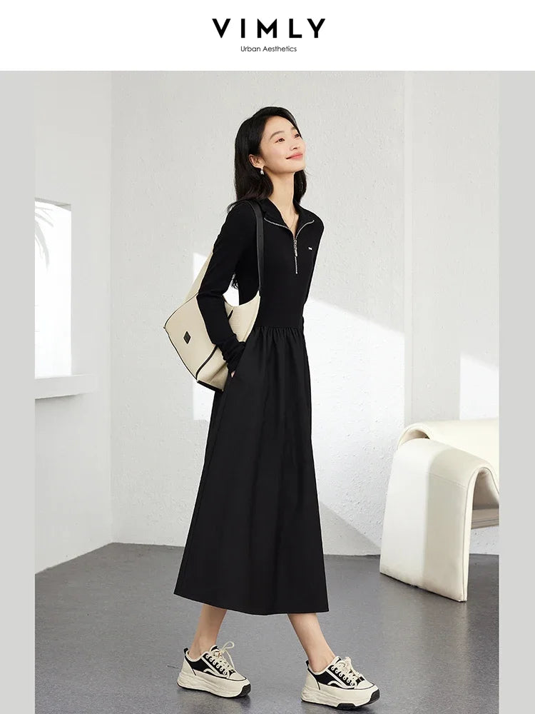 VIMLY Women's Solid Patchwork Simple A-Line Dresses Semi High Neck Long Sleeve Waisted Office Lady Minimalist Temperament Dress