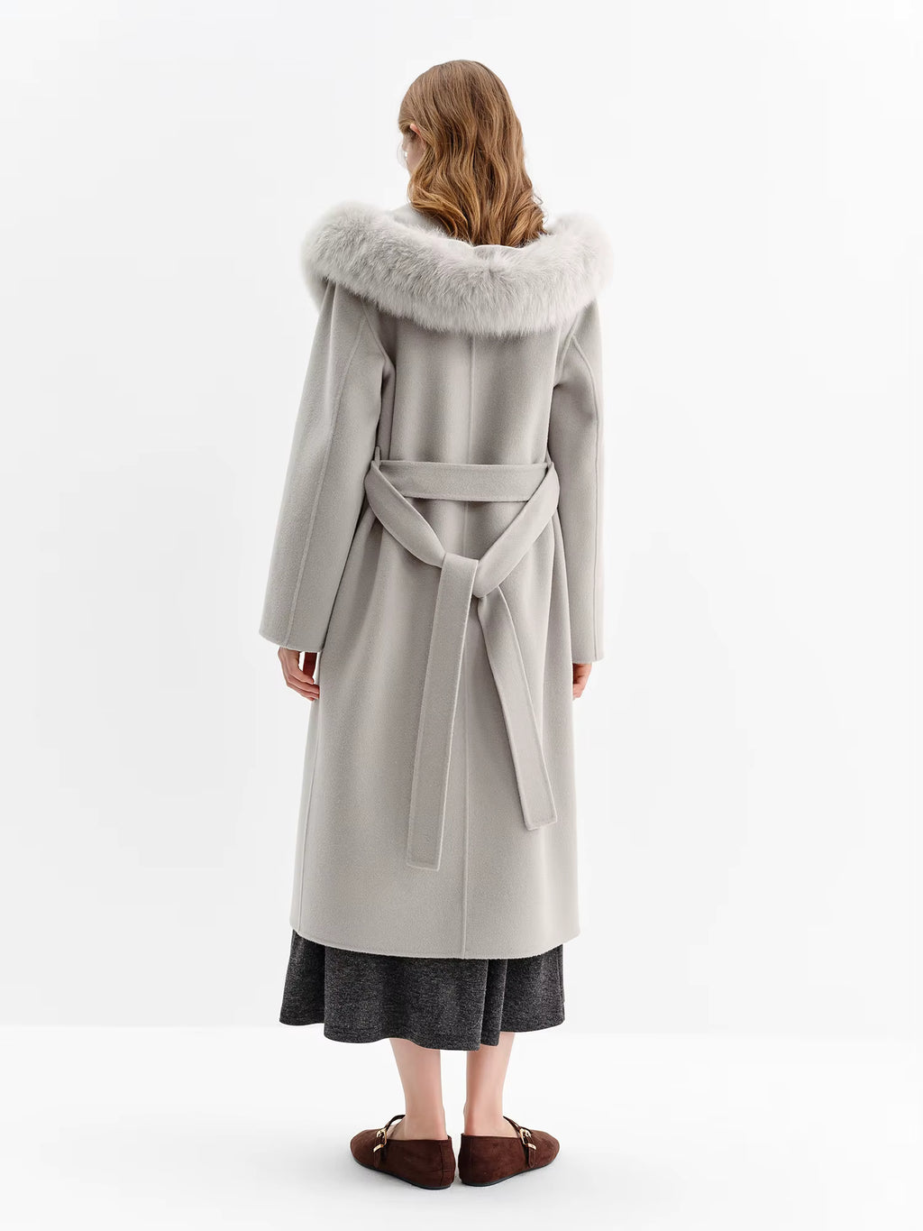 2025 Winter Women's Fox Fur Hooded Double Faced Wool Coat Long Plush Outerwear Vintage Elegant Warm Wool Coat Soft Coat