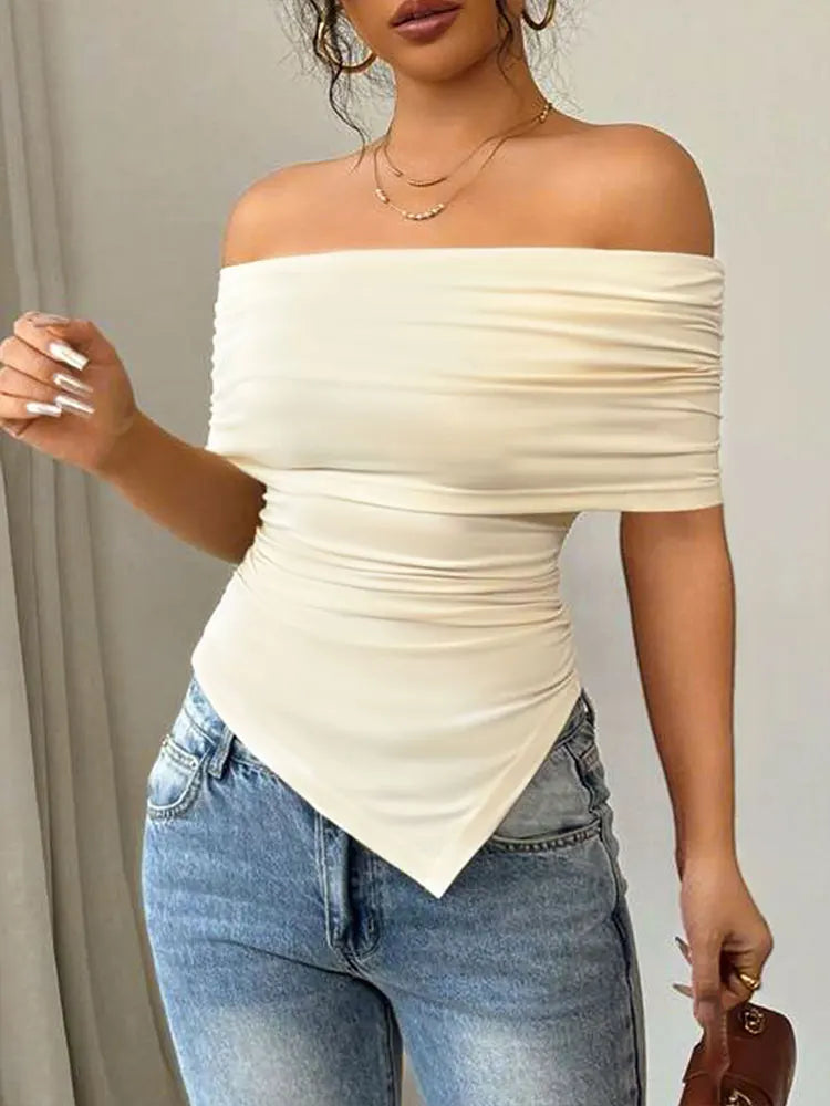 Women New T-shirt Summer Fashion Slash Neck Streetwear Casual Slim Versatile Tees Solid Sexy Off Shoulder Elegant Lady Clothing